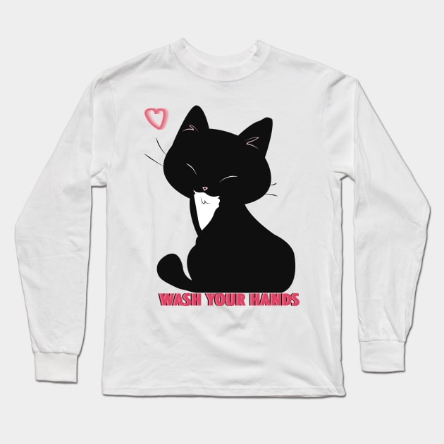 Coronavirus Wash Your Hand Black Cat Long Sleeve T-Shirt by Arteria6e9Vena